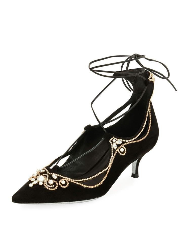Suede Embellished Lace-up Pumps, Black