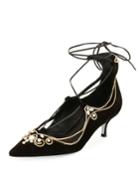 Suede Embellished Lace-up Pumps, Black