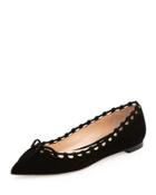 Suede Laced-collar Ballerina Flat, Black