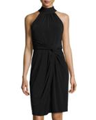 Mockneck Sleeveless Faux-wrap Dress, Black