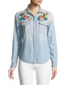 Foxy Embroidered Button-down Top