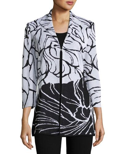 Floral-print Knit Long Jacket, White/black