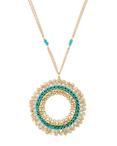 Long Wire-wrapped Crystal Circle Pendant Necklace, Blue