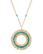 Long Wire-wrapped Crystal Circle Pendant Necklace, Blue