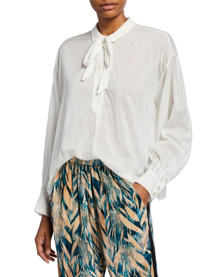 Tie-neck Voile Long-sleeve Top