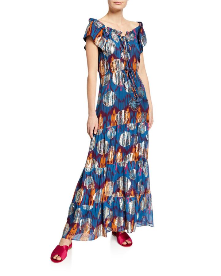 Gianna Ikat Metallic Ruffle Cap-sleeve