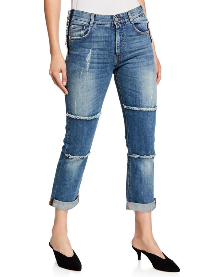 Distressed Denim Jeans W/ Fringe
