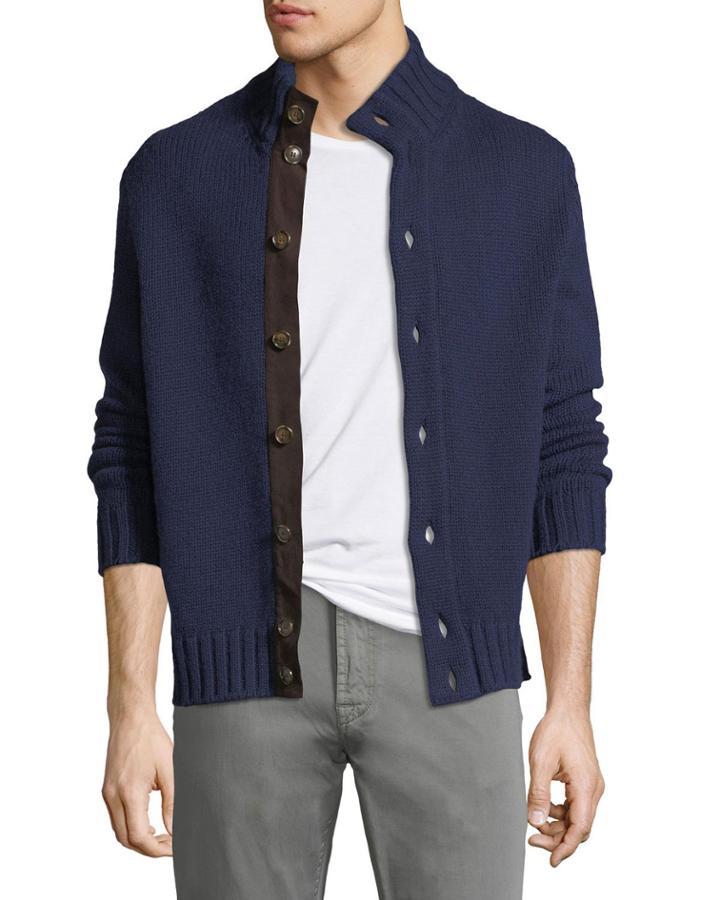 Suede-trim Cashmere Cardigan