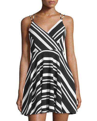 Striped Strappy Sleeveless Dress, Black/white