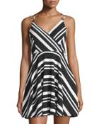 Striped Strappy Sleeveless Dress, Black/white