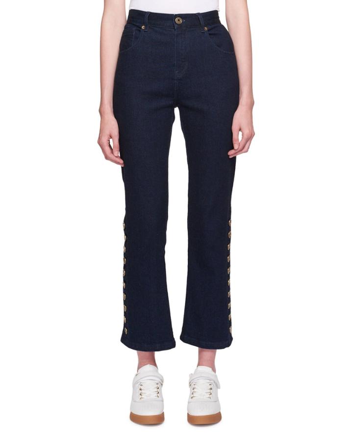 Five-pocket Flared-leg Cropped Jeans W/ Button Trim