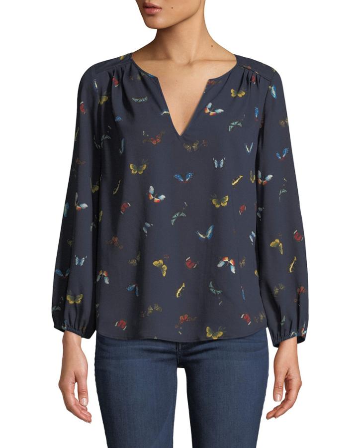 Odelette Split-neck Butterfly-print Georgette Top