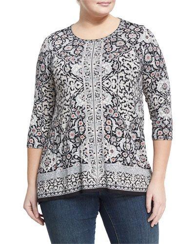 Floral Sharkbite-hem Sweater, Black/multi,