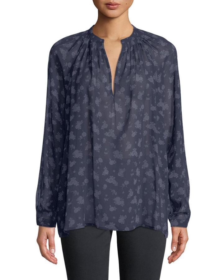 Calico Floral-print Pleat-neck Blouse