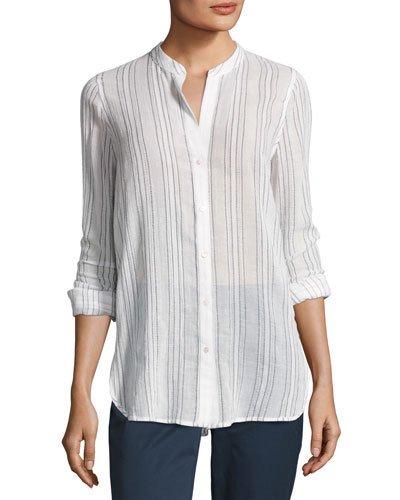 Split-neck Button-up Top, White Pattern
