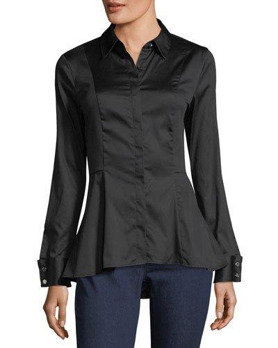Hidden-button Peplum Blouse, Black