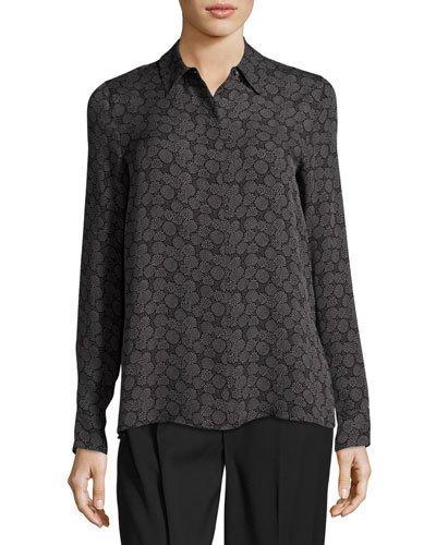 Printed Hidden-button Silk Blouse, Black