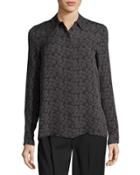 Printed Hidden-button Silk Blouse, Black