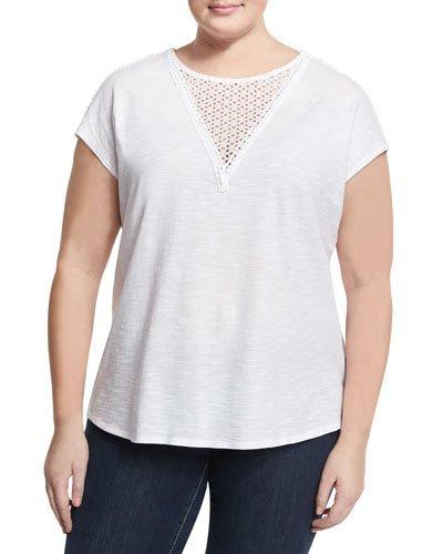 Cotton Crochet-trimmed Top, White,