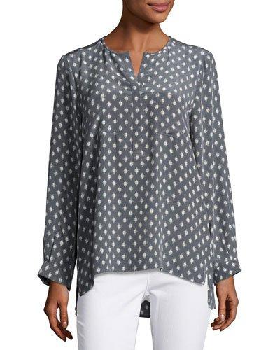 Nepal Printed Silk Top, Gray/white