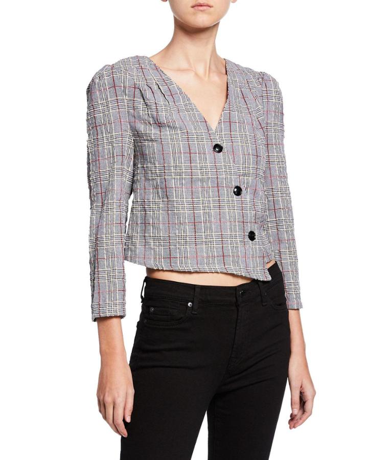 Woven Plaid Asymmetric Button Top