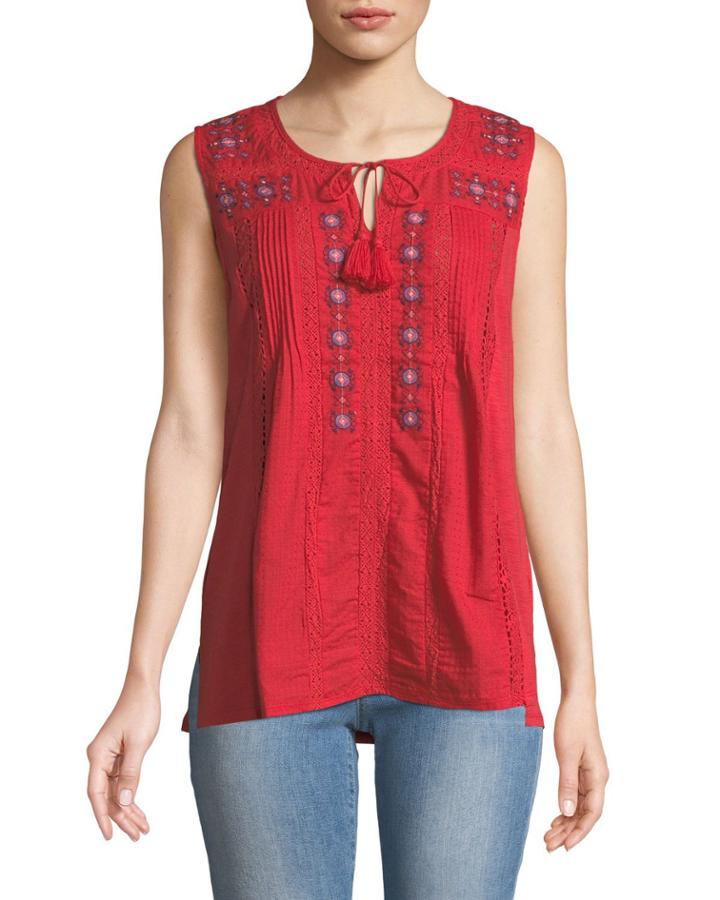 Embroidered Scoop-neck Peasant Tank