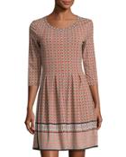 3/4-sleeve Tuck-pleat Printed Jersey Dress