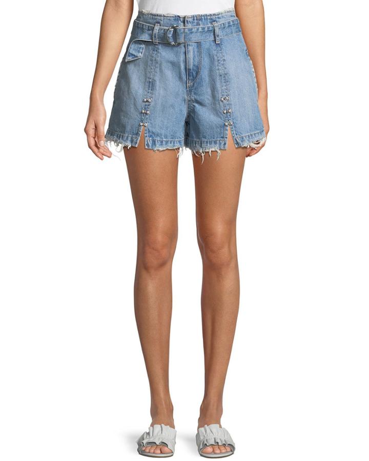 Belted Frayed Slit-front Denim