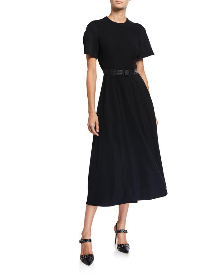 Short-sleeve Belted A-line Dress