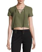 Short-sleeve Lace-up Crop Blouse, Green