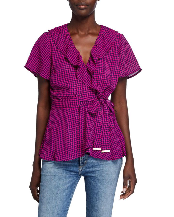 Printed Faux Wrap Ruffle Blouse