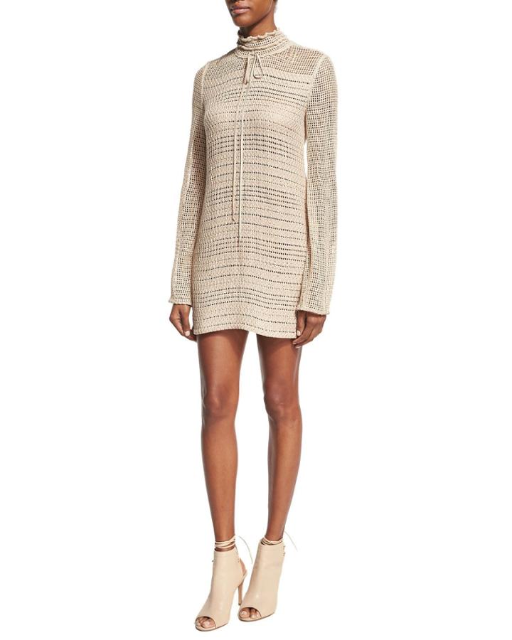 Crocheted Tie-neck Minidress, Beige