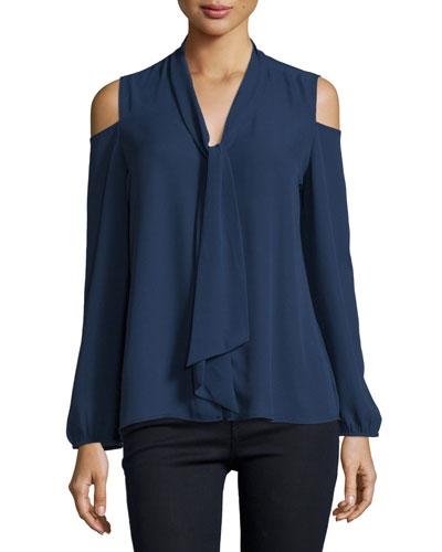 Cold-shoulder Blouse With Tie-front, Navy