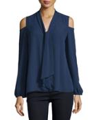 Cold-shoulder Blouse With Tie-front, Navy