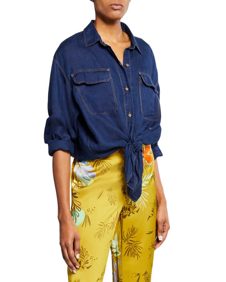 Everson Long-sleeve Tie-front Blouse, Indigo