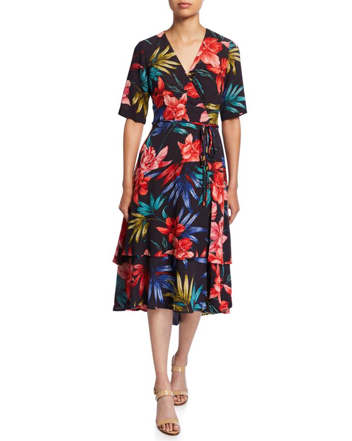 Floral Crepe Elbow-sleeve Faux-wrap Dress