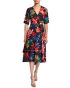Floral Crepe Elbow-sleeve Faux-wrap Dress