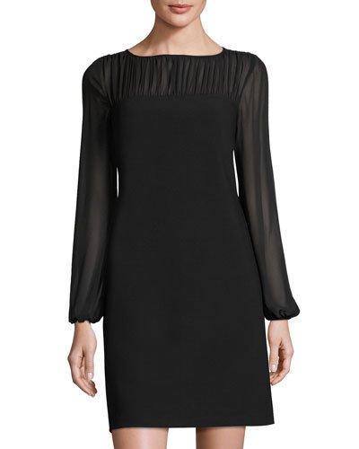 Chiffon-panel Long-sleeve Sheath Dress, Black