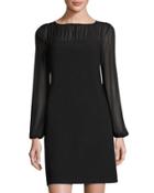 Chiffon-panel Long-sleeve Sheath Dress, Black