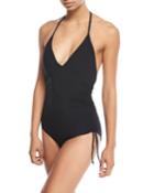 Active Deep-v Ruched-side Halter Maillot One-piece