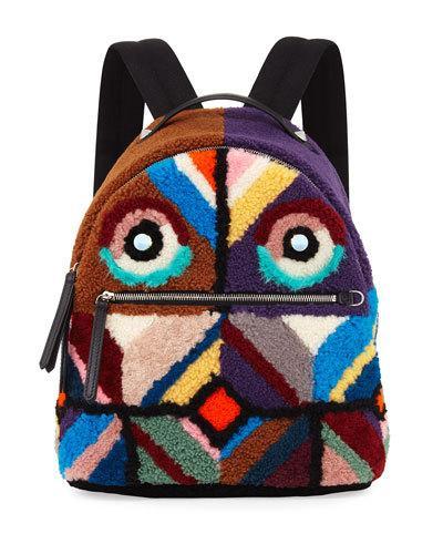 Monster Eyes Shearling Backpack, Black/multi