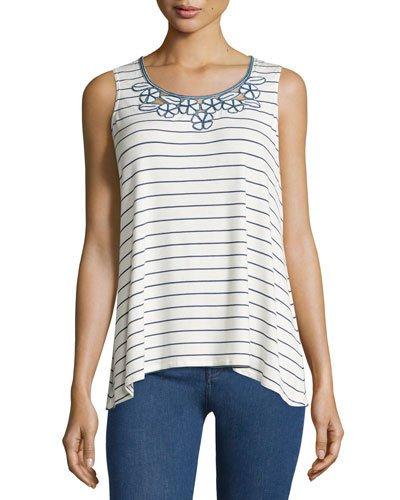 Striped Embroidered-neck Tank, White