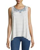 Striped Embroidered-neck Tank, White