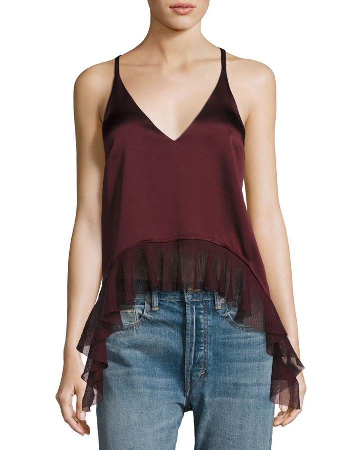 Manette Satin Ruffled Tank Blouse, Wine