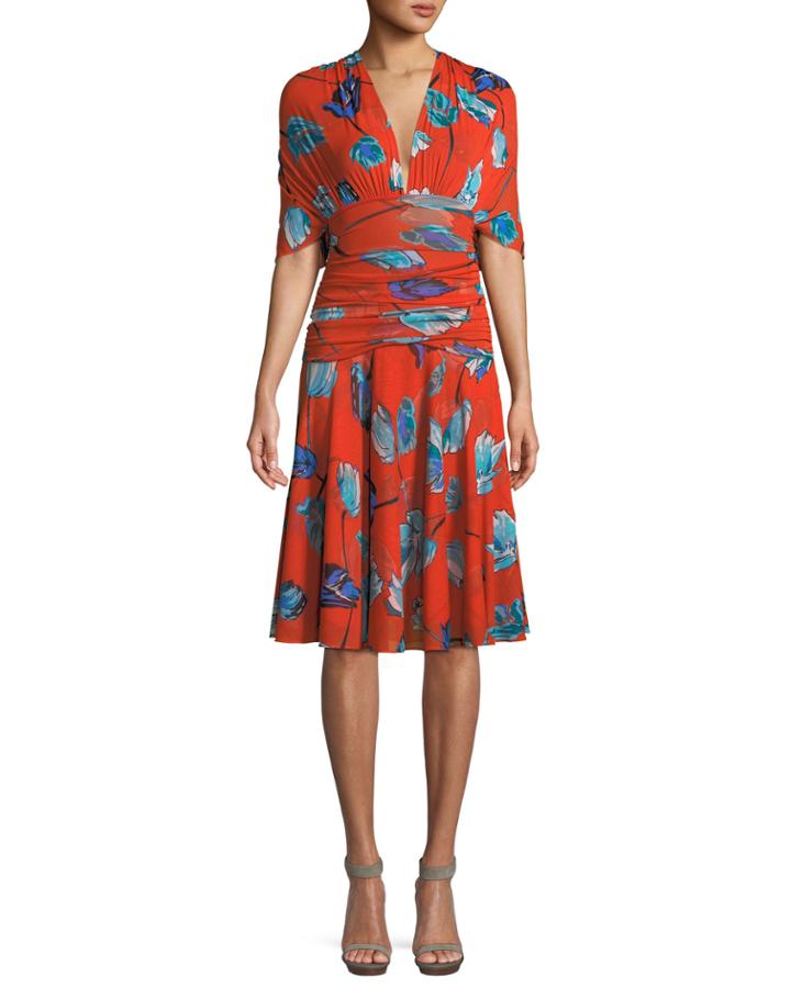 Shirred Floral-print V-neck Dress