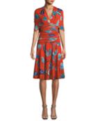 Shirred Floral-print V-neck Dress