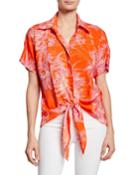 Lindy Printed Button-front Short-sleeve Tie-hem Top