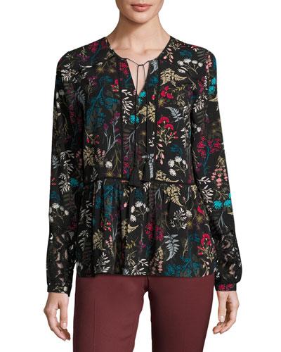 Floral-print Chiffon Blouse, Black