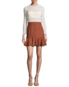 Bex Lace & Gabardine Flounce Dress, White