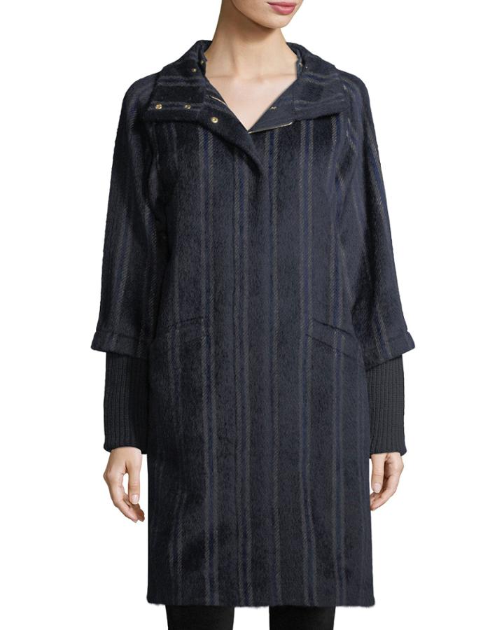 Wendy Mixed-media Striped Hooded Alpaca-blend Coat